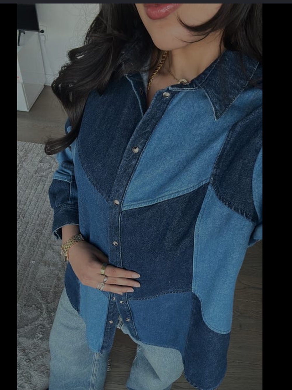 Sezane Marzia Denim Patchwork Button-Up Shirt - Blue